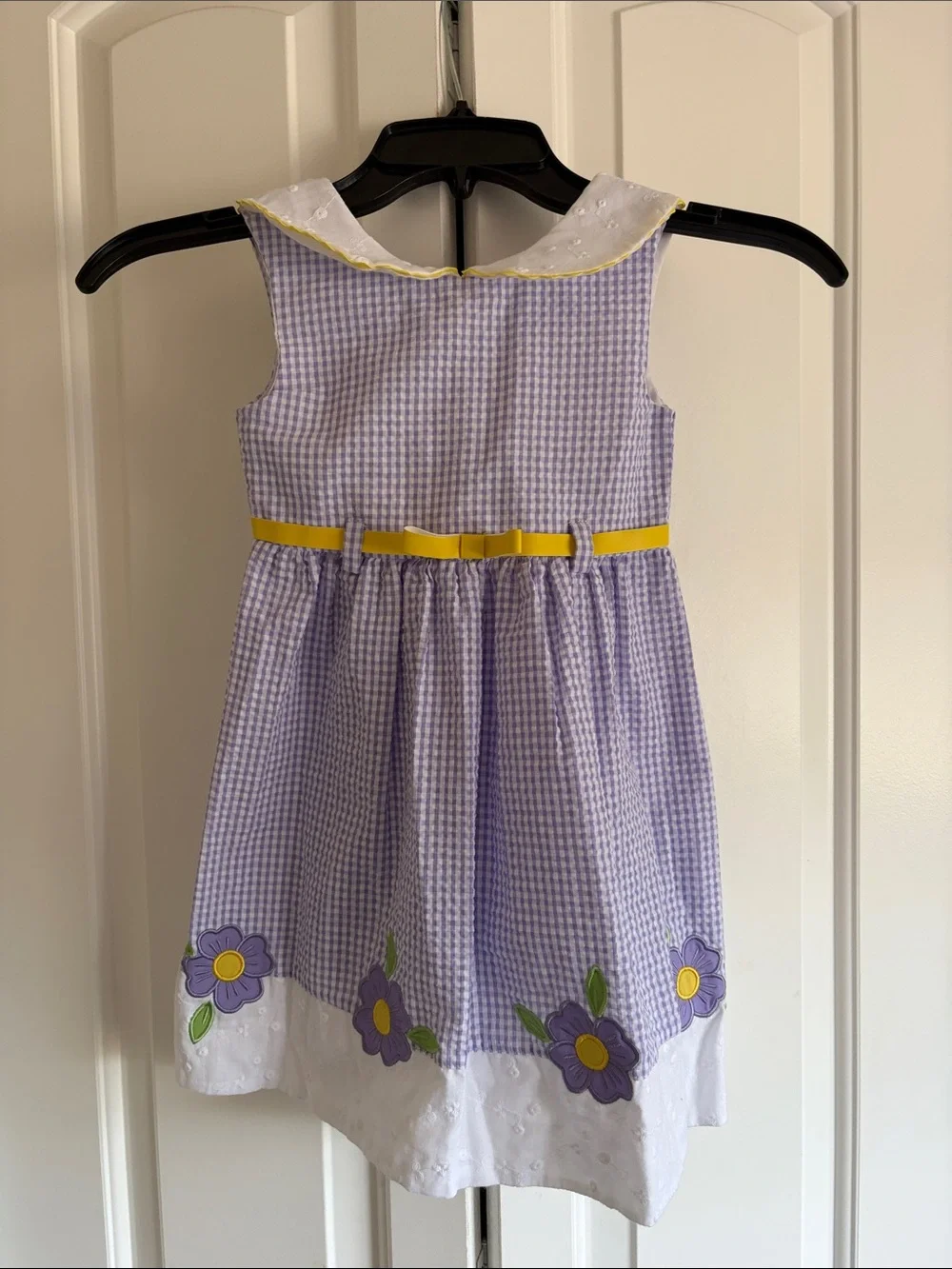 Blueberi Boulevard Lavender Gingham Dress with Yellow Belt and White Collar